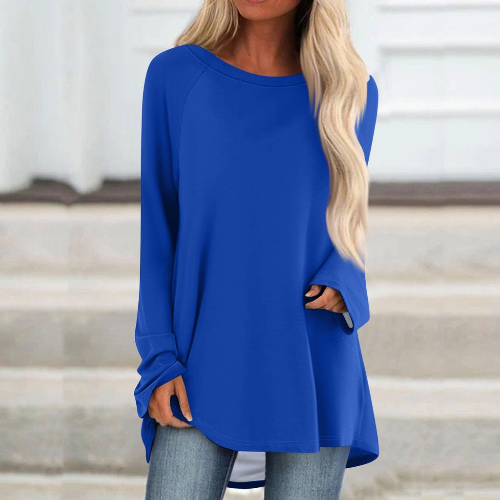 Women's Fashionable Loose Mid-length Round Neck Pullover Solid Color Raglan Sleeves Long-sleeved Casual Top