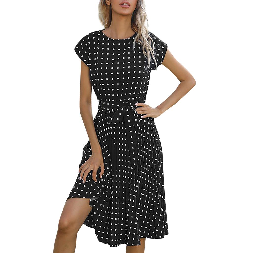 Women's Spring Fashion Pleated Print Mid-length Dress Short Sleeve Round Neck Polka Dot Pleated Dress