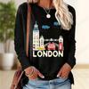 Tops For Women London Bridge Print Round Neck Long Sleeve T-shirt Fall Casual Slim Pullover Women's Long Sleeve Top