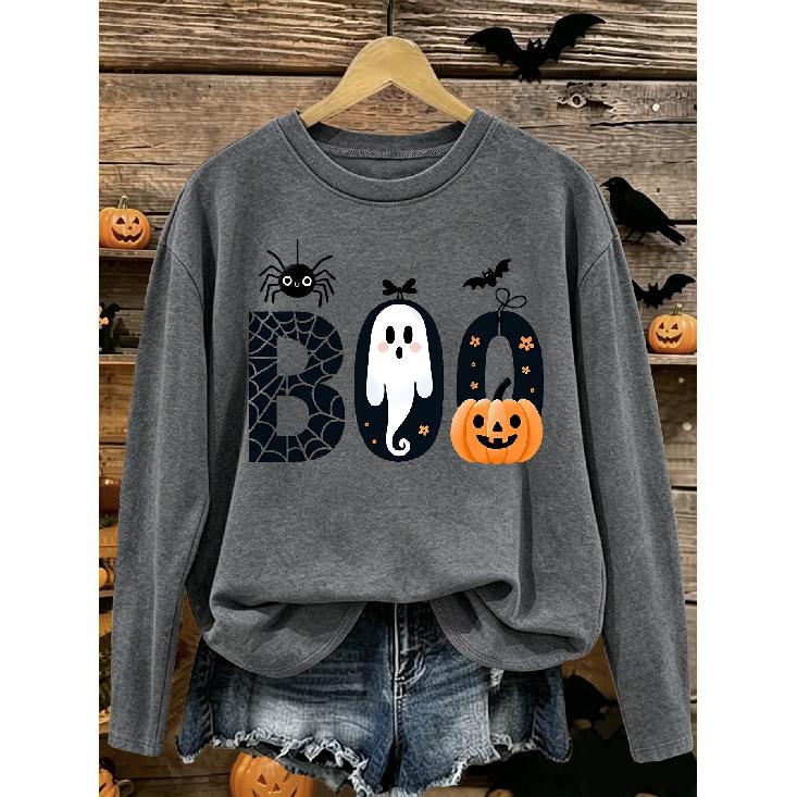 Barcode S XXL Women's casual sports long sleeve T Halloween BOO Spider pumpkin ghost pattern printed round neck long sleeves T Shirt Simple
