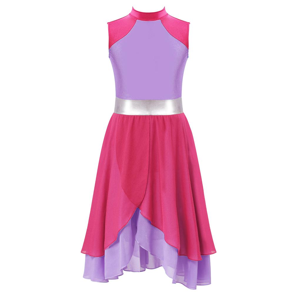 Girls Praise Dance Dress Color Block Mock Neck Sleeveless Tiered Wrap Hem Lyrical Performance Gown