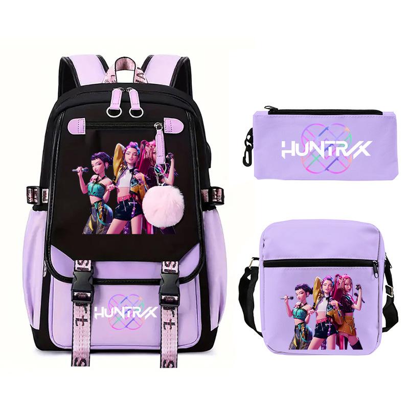 Kpop Trend Backpack Large Capacity Student School Bag Three-Piece Pencil Case Casual Shoulder Bag