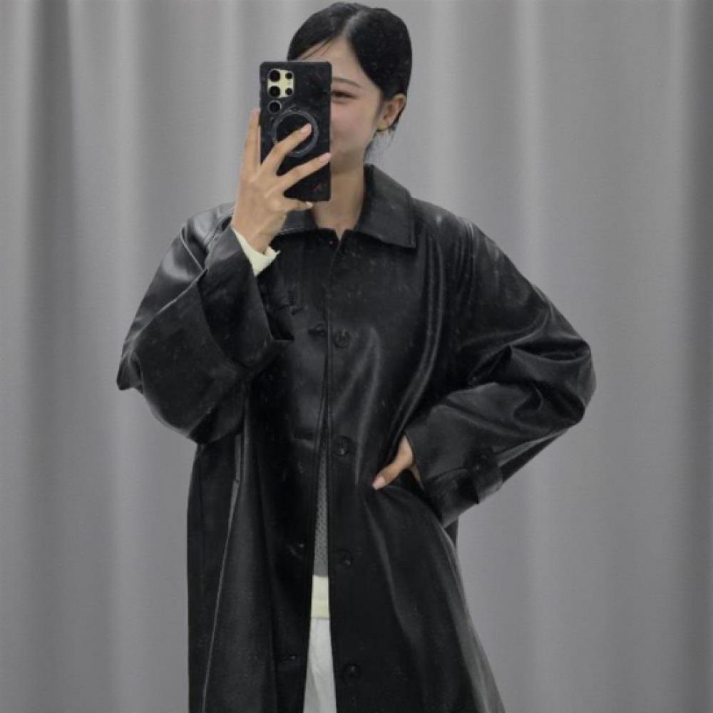 New Arrivals Open Run Women Loose Fit Half Leather Coat Button Up overFit