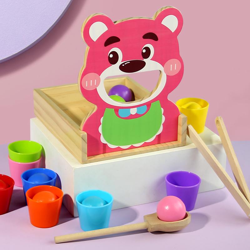 Имитация игры "Кормление медвежонка" Монтессори Деревянная игрушка Ложка Тренировочная игрушка для раннего развития Чашка для классификации цветов Башня из колец
