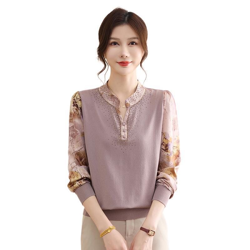 Elegant Gauze Sleeve Knit Top for Mature Women - Lightweight Spring/Autumn Layer