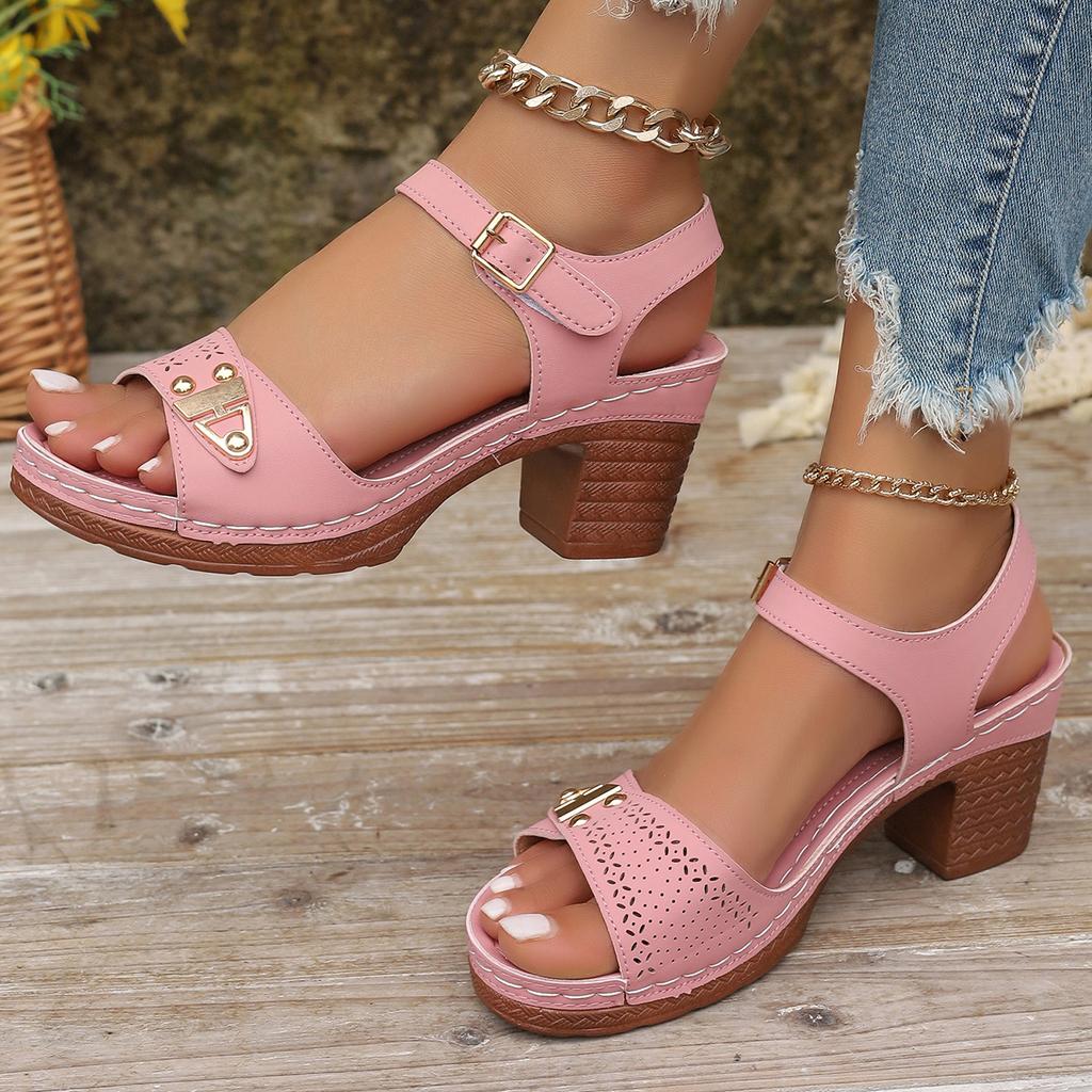 Туфли на среднем каблуке с открытым носком и металлической пряжкой с круглой головкой, летняя новинка, мягкая подошва, прошитые каблуки