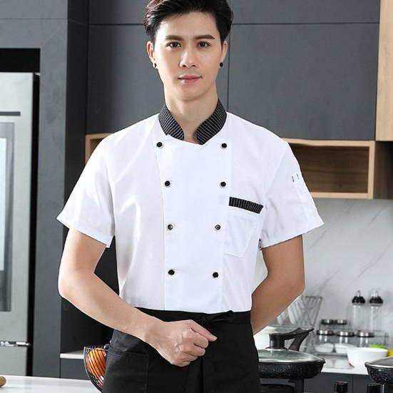 Stand Collar Short Sleeve Double Breasted Patch Pocket Splicing Color Chef Uniform Women Men Service Bakery Breathable Chef Shirt Work Clothing