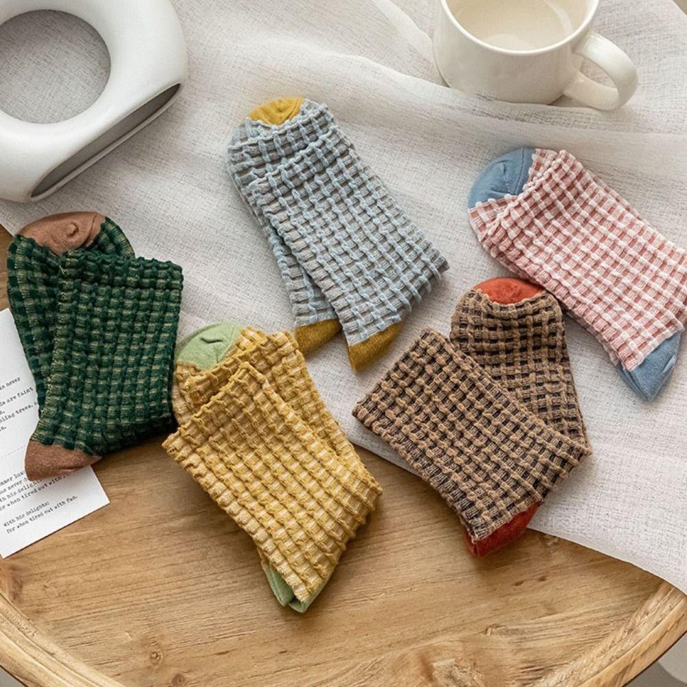5Pairs Elastic Women Tube Sock Patchwork Grids Socks Sweet Checkered Cotton Socks Slippers