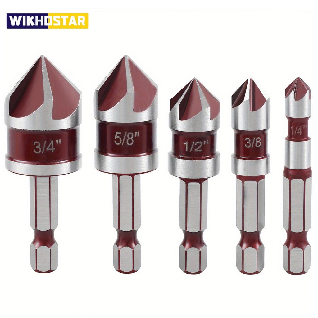 5pcs M35 Cobalt Countersink Drill Bit Set 5 Flute 82° 1/4" Hex Shank 1/4 3/8 1/2 5/8 With Holder Storage Strip for Metal Work