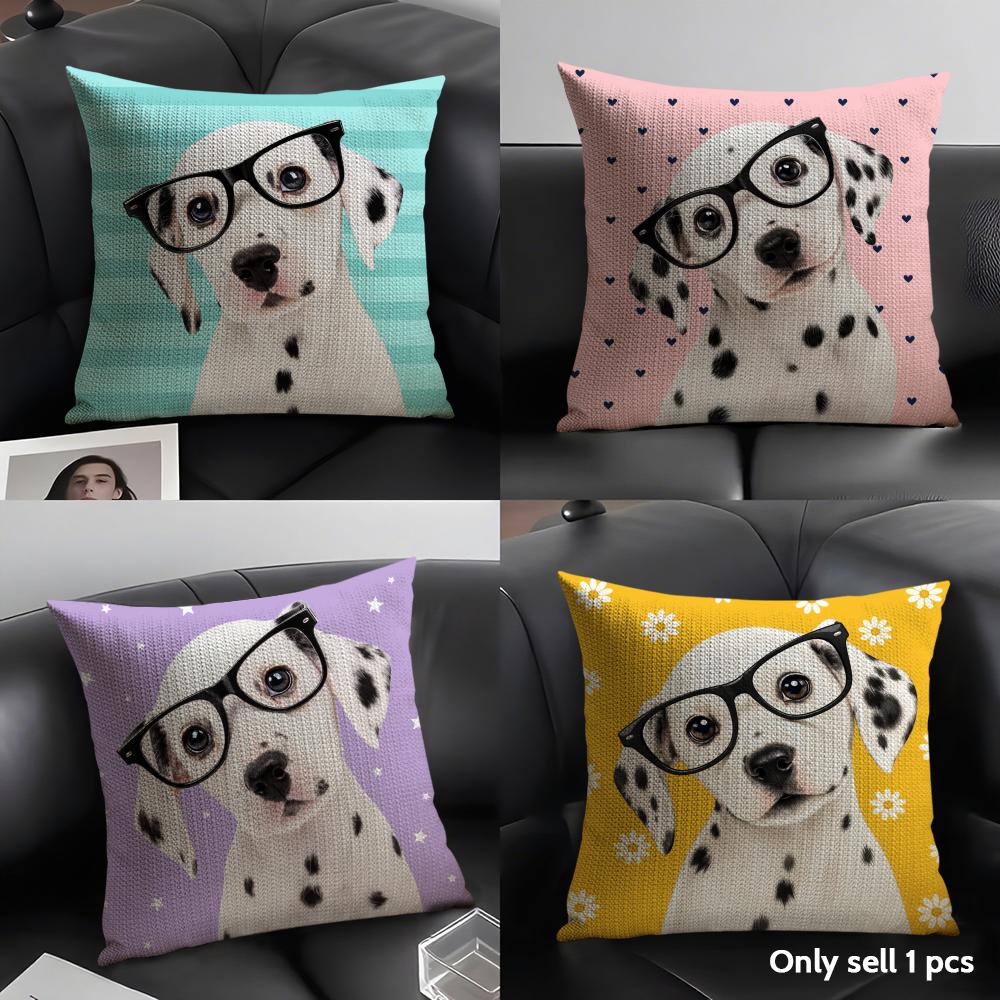 Dalmatian Dog With Glasses Cushion Cover Linen Organic Fabric DoubleSided Printing Sofa Breathable Home Decor Gift Pillow Case