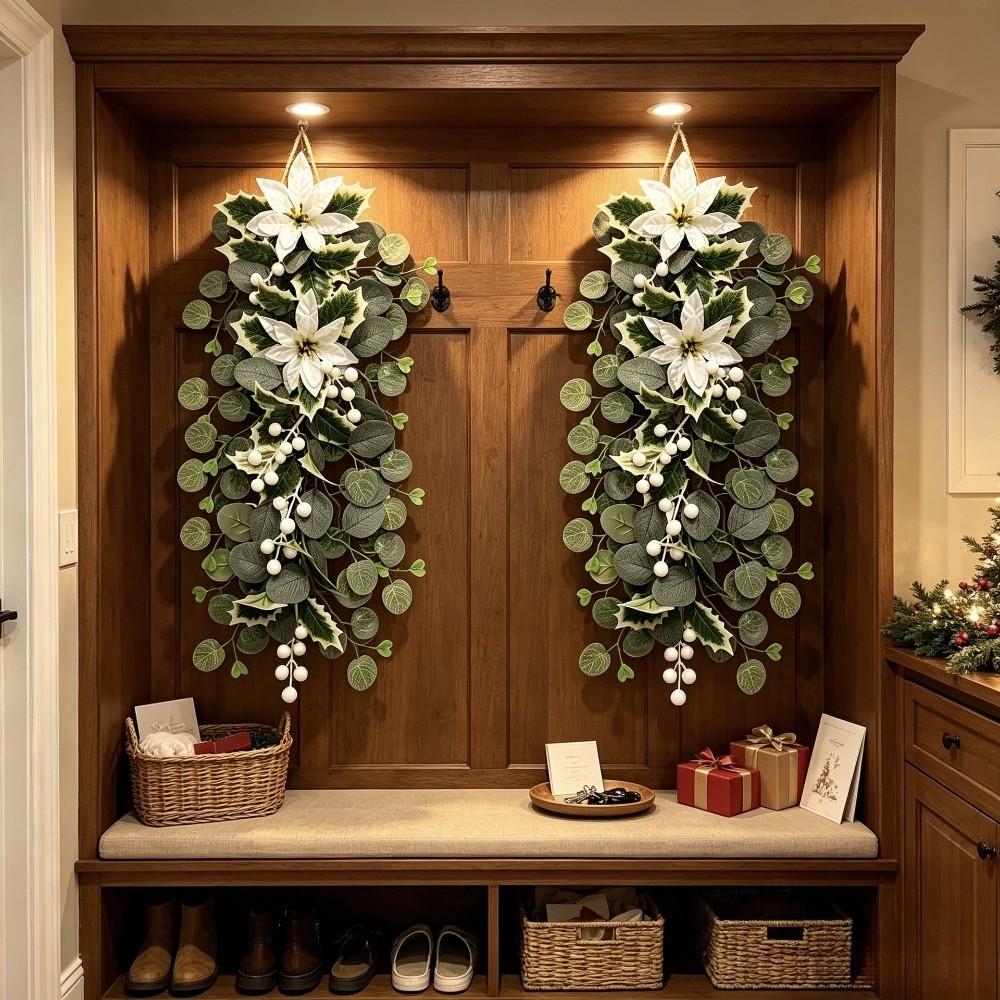 Red Berry Holly Artificial Poinsettia Garland Realistic Poinsettia Pine Wreath Front Door Decor