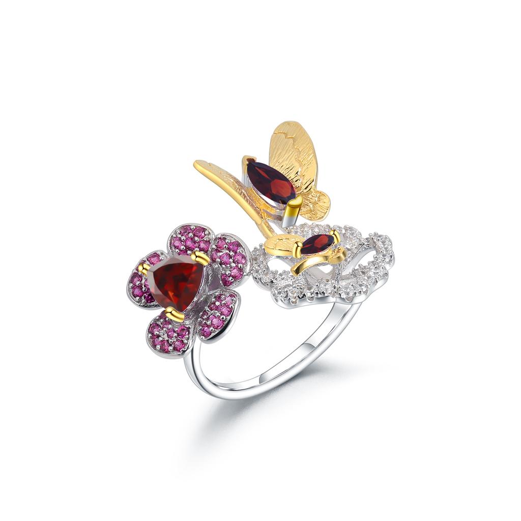 Original Designer Natural Amethyst Ring, Natural Style Butterfly Flower Design, 925 Silver Open Adjustable Ring