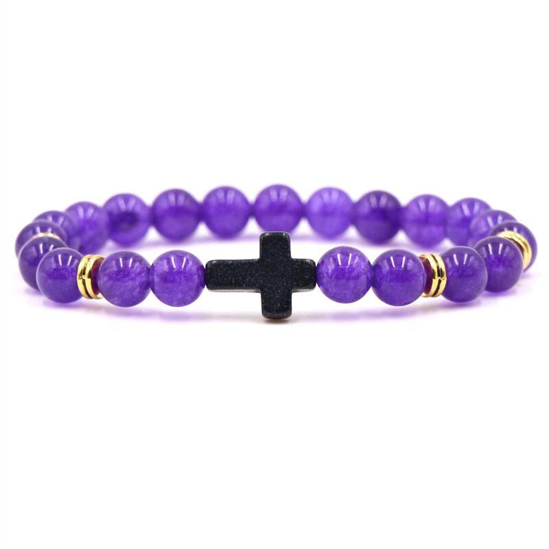 8MM Bright Frosted Stone Cross Bracelet Muticolor Beads Bangle for Women Men Fashion Pray Bracelets Jewelry Elastic Rope