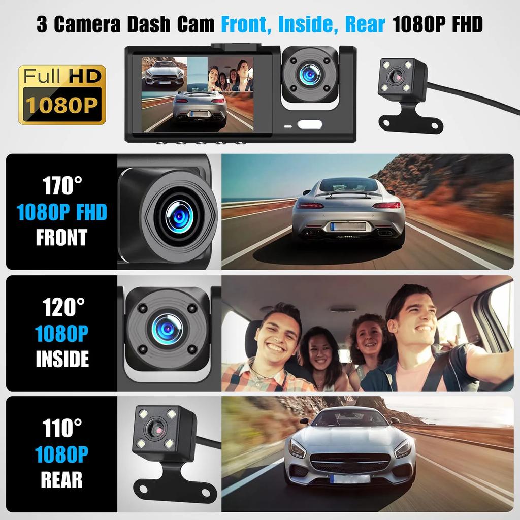 1080P Car DVR 2-Inch Driving Recorder 2/3-Way HD 1080P Three-Lens Parking Monitoring With Night Vision Car DVR Dash Cam