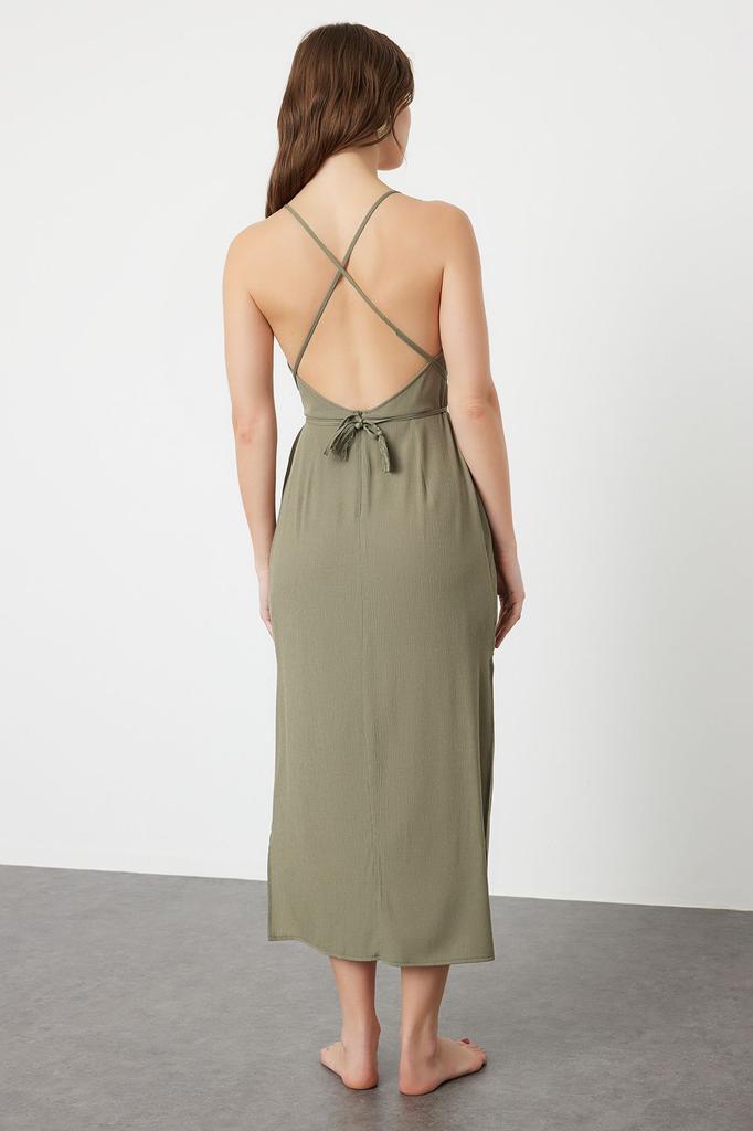 Женское стильное платье Черное тканое пляжное платье миди с открытой спиной