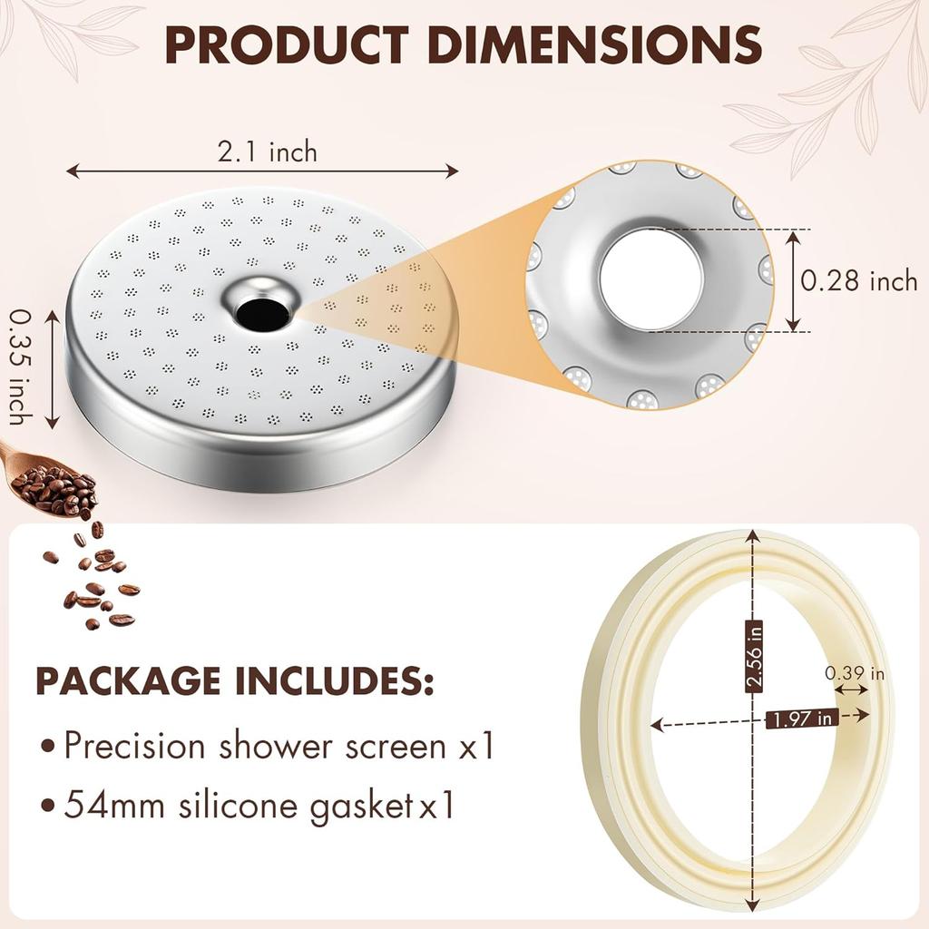 Precision Shower Screen with 54mm Silicone Steam Ring, Compatible with Breville Espresso Machines (54mm), Compatible with Bambino/Bambino Plus, Duo