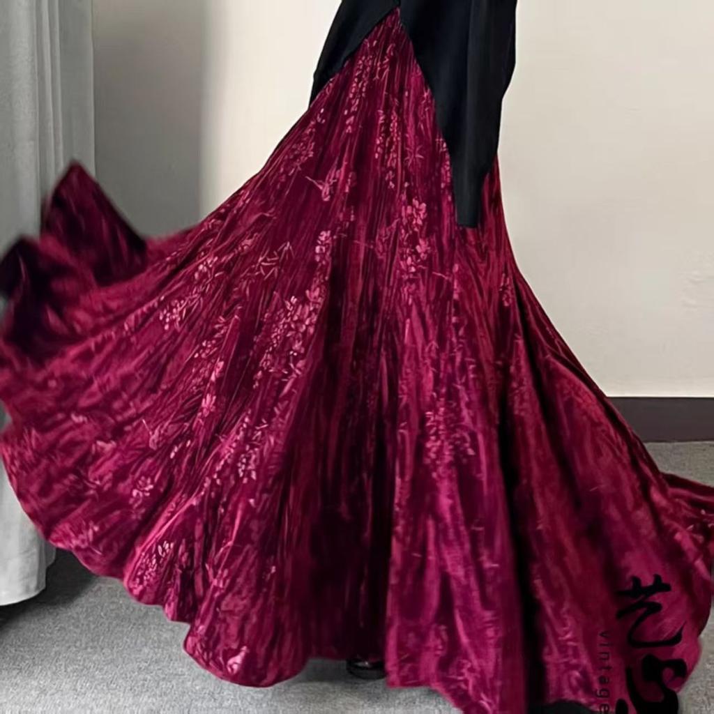 Ретро женская бархатная длинная юбка с принтом, осенне-зимняя теплая расклешенная А-силуэта