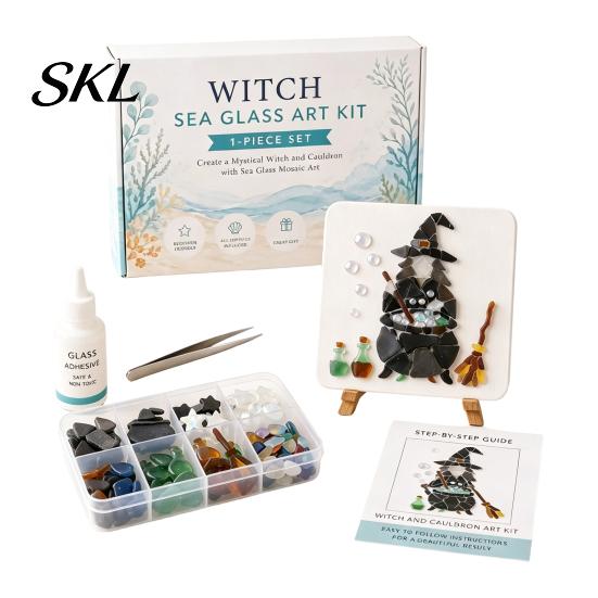 Sea Glass Craft Set Halloween DIY Mosaic Art Kit, Kit with Wooden Supplies Easel, Ghost Witch Crow for Adults, Handmade Tabletop Ornament Project