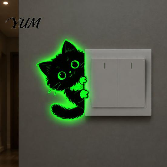 Cute Cat Light Switch Decals Glow in The Dark Black Wall Sticker, Luminous Self-Adhesive Waterproof Plates for Renters Decal, Decorative Room