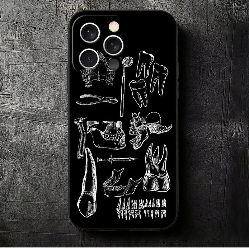 Мягкий чехол для телефона с рисунком "Зуб и Стоматолог" для iPhone 16 16E 17 Air 15 Pro Max 14 Plus 13 Mini 11 12 7 Черный задний корпус