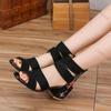 Fashion Comemore Black Embroidered Mid-heel Sandals Women Summer All-match Thick Heel Elegant Retro Open Toe Embroidered Shoes Women