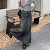 Women Skirt A-line Big Swing Denim Retro Pockets Patchwork Solid Color High Waist Button Zipper Closure Ankle Length Ripped Edge Lady Maxi Skirt