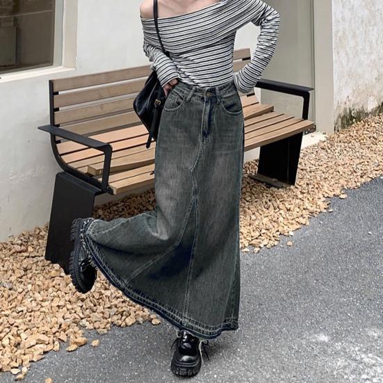 Women Skirt A-line Big Swing Denim Retro Pockets Patchwork Solid Color High Waist Button Zipper Closure Ankle Length Ripped Edge Lady Maxi Skirt