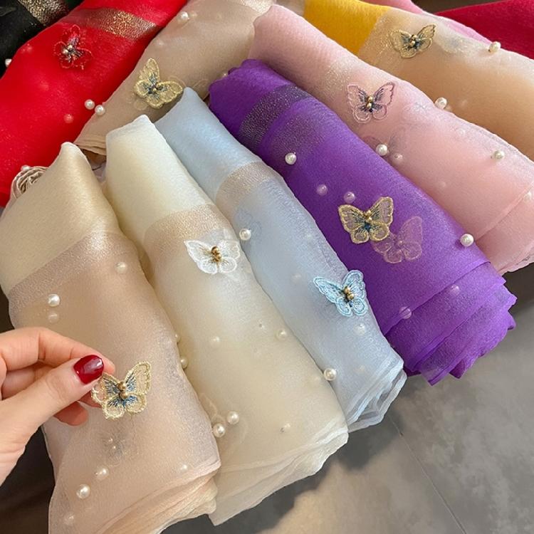 Stylish Butterfly Design Polyester Scarf Women Hijab Shawl Stole Wrap Beaded Accents Fashion Accessory