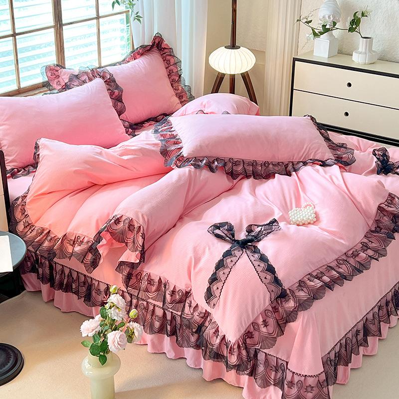 Покрывало из хлопка в стиле принцессы, однотонное, кружевное, стираное, из четырех частей, сирсакер, кружево, двойной пододеяльник