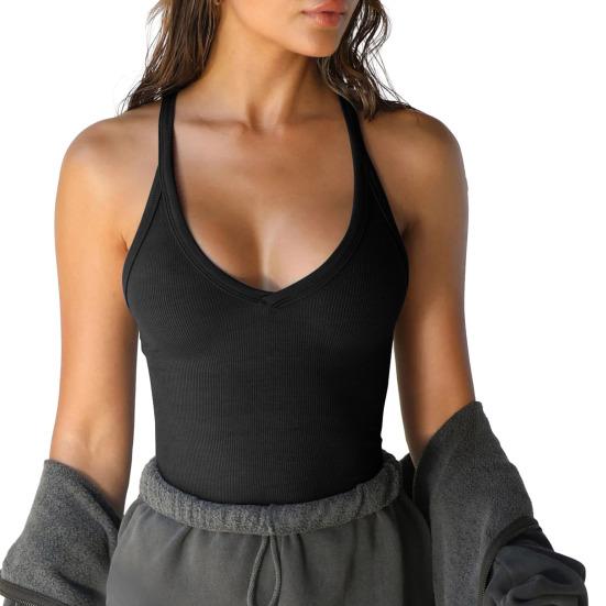 Женский летний топ с глубоким вырезом и V-образным вырезом без рукавов, эластичный трикотаж, мягкий впитывающий пот, однотонный, облегающий, спортивный топ на бретелях для упражнений