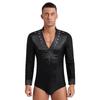 Mens Dance Leotard Glittery Rhinestones V Neck Design Long Sleeve Satin Patchwork Bodysuit