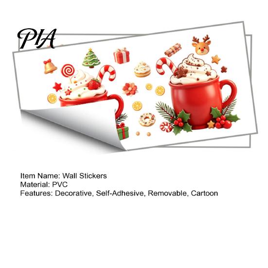 Waterproof Vinyl Kitchen Stickers 2Pcs Christmas Hot Drinks Wall for Cabinets, Self-Adhesive Art Decals Decor, Removable PVC Holiday Mug with