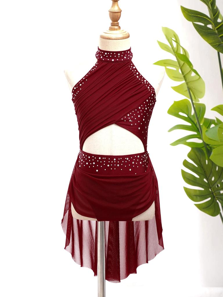 Kids Girls Lyrical Dance Performance Costume Figure Skating Ballet Gymnastics Leotard Dress Sleeveless Rhinestone Dancewear