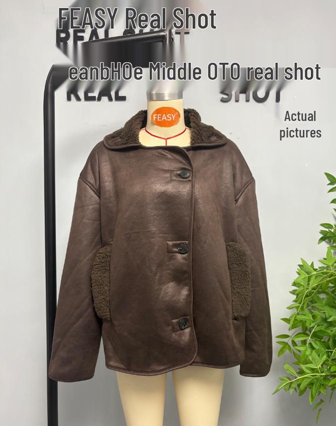 European and American Style Women's Lambswool Shearling Coat with Turn-down Collar