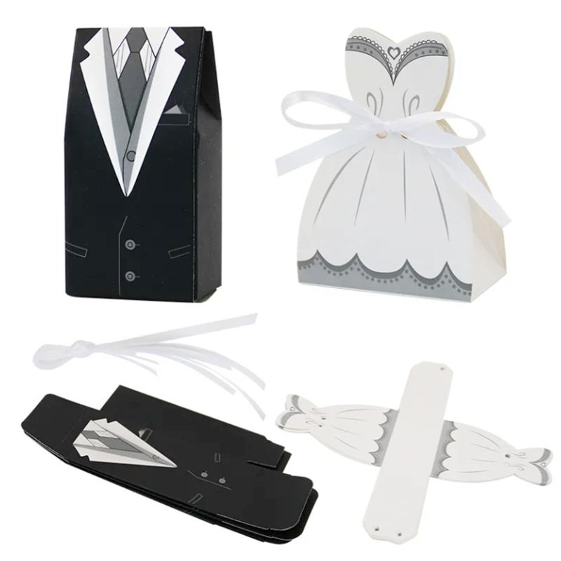 10 шт. Белые Черные Конфетные Коробки Костюм Платье Жених Невеста Подарочная Коробка Бумажный Пакет для Подарков Свадебная Вечеринка Сувениры Принадлежности