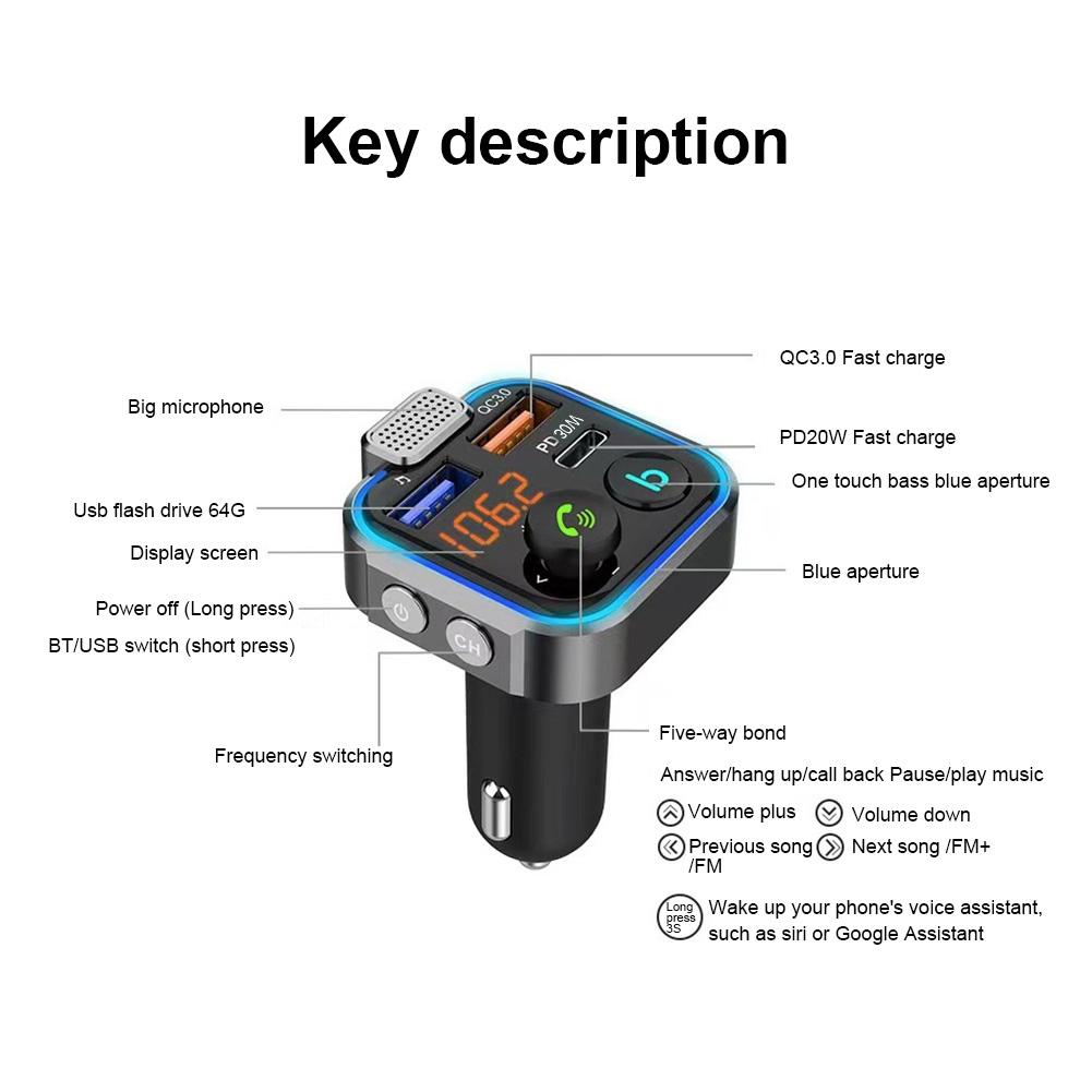 5-1PCS Bluetooth-Compatible 5.0 FM Transmitter 3 Ports Charging MP3 Player Receiver Type-C PD 30W QC3.0 Fast Charger for Car