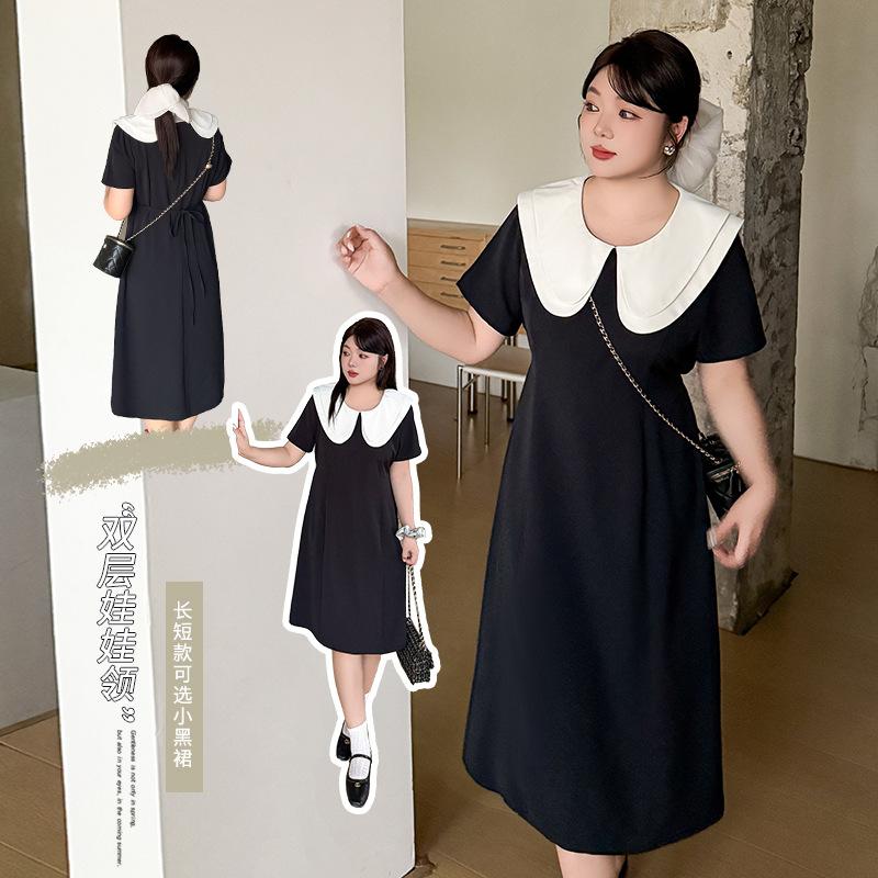 Large size women's double-layer doll collar dress, summer waist and thin long short skirt 212180