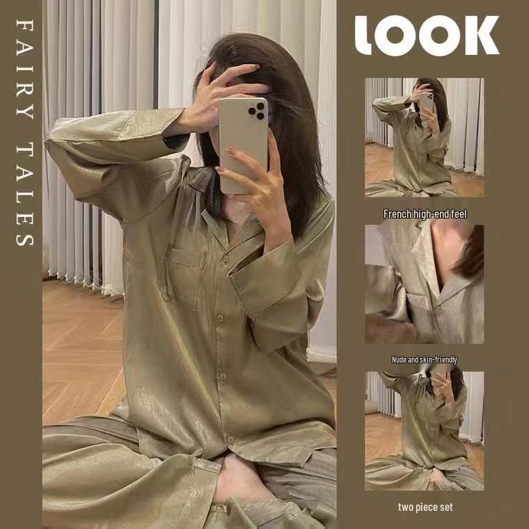 Высококачественный кардиган цвета хаки с отложным воротником и пижамный комплект для женщин - Осенний темперамент, Домашняя одежда с длинным рукавом.