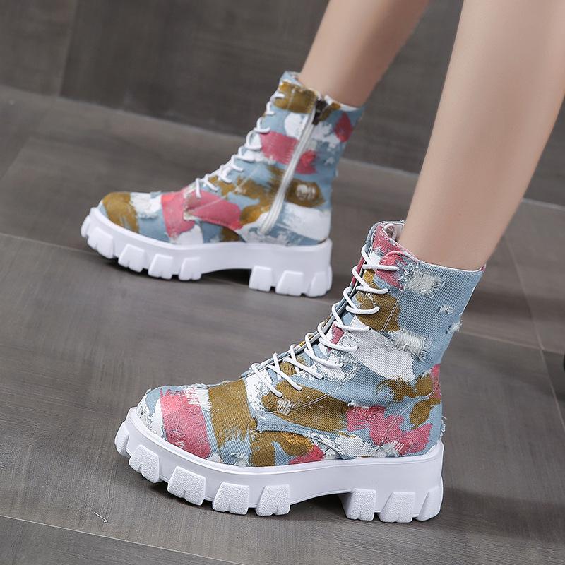 New Denim Women Boots Ladies Chunky Heel Platform Round Toe Shoes Denim Ankle Women Boots Jeans Casual Lace Up Bootsdr5
