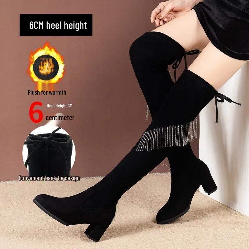 Женские замшевые ботфорты с кисточками из страз - Осень 2025 Облегающие ботинки на толстом каблуке с высоким голенищем