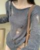 Kpop Grunge ажурный серый свитер женский Harajuku однотонный разделенный рваный вязаный джемпер весенние топы с длинными рукавами пуловер