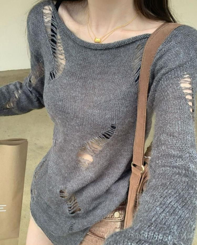 Kpop Grunge ажурный серый свитер женский Harajuku однотонный разделенный рваный вязаный джемпер весенние топы с длинными рукавами пуловер
