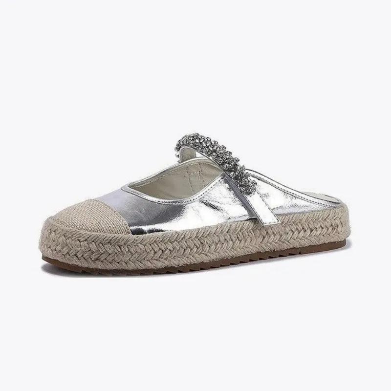 Мода 2024 года, лето, новые женские парусиновые туфли, серебристые мюли с блестками, сандалии с круглым носком на толстой подошве, женские пляжные туфли без застежек
