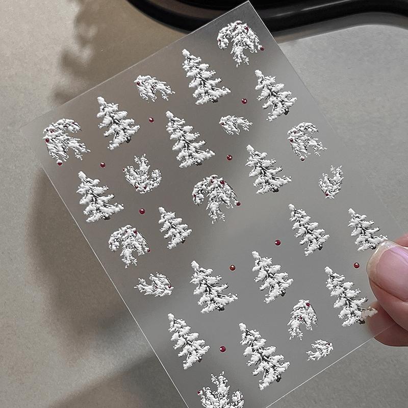 Embossed Christmas Tree Nail Art Stickers 2025 New Simple White Polka Dot Nail Stickers Christmas Decoration