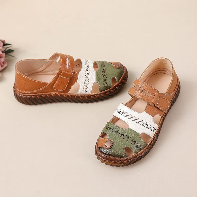 Новые сандалии из натуральной кожи с перфорацией, женские летние туфли на липучке, женские удобные сандалии на мягкой подошве, женские балетки, нескользящая обувь для мам