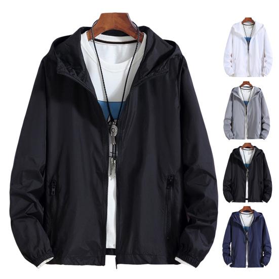 Уличная ветровка с капюшоном и длинным рукавом на молнии, спортивная куртка, сплошной цвет, дизайн с карманами, тонкая солнцезащитная одежда