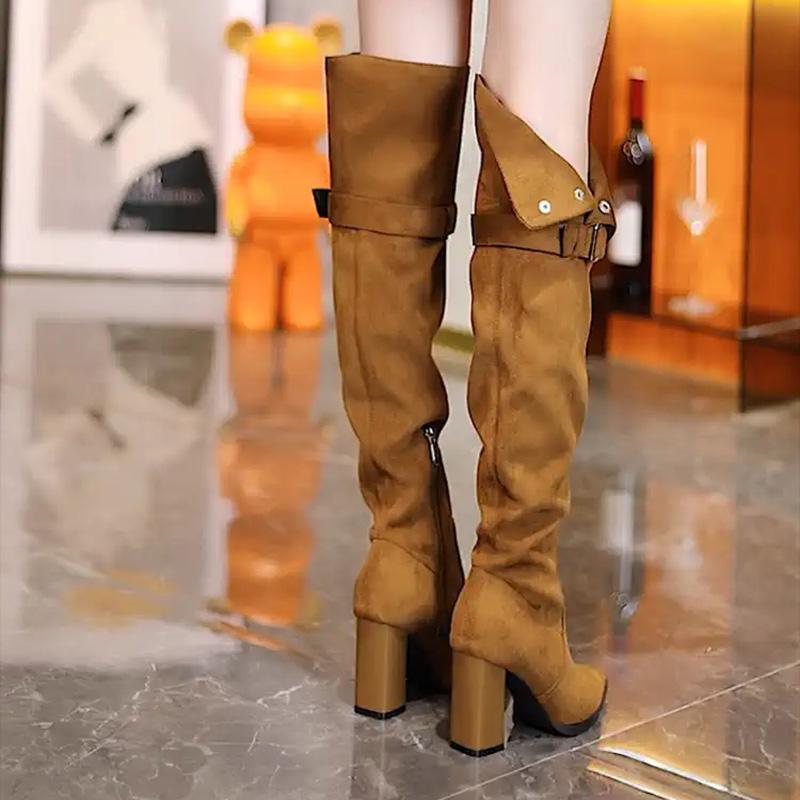 Модные зимние современные женские сапоги выше колена модные заостренные длинные сапоги дизайнерские толстые каблуки Botas De Mujer
