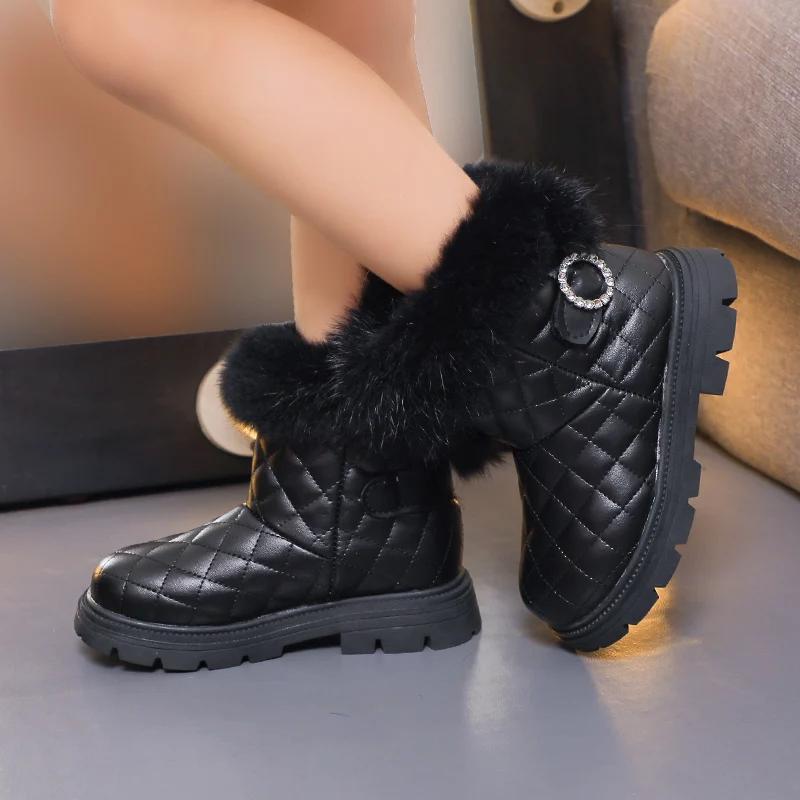 2024 Осень Новые Детские Снежные Ботинки для Девочек Элегантные Плюшевые Однотонные в Корейском Стиле Розовые Бежевые Черные Стразы Детские Ботинки