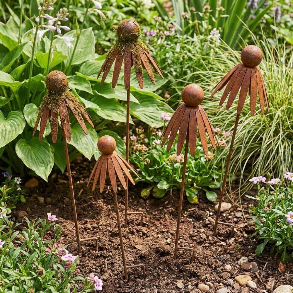 Rusted Iron Flower Outdoor Stake Weather Resistant Curved Petal Stake  Walkway Landscape