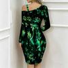 Women Plus Size Asymmetric Cold Shoulder Black Background White Daisy Print Wrap Bodycon Midi Dress